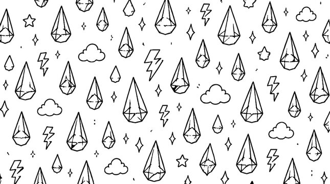 Whimsical black and white raindrop and lightning pattern design.