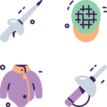 A collection of colorful flat design icons depicting various fencing equipment, including swords, a mask, and a jacket.