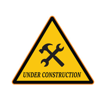 Construction icon with crossed tools and bold text for safety and maintenance concept. Under construction.