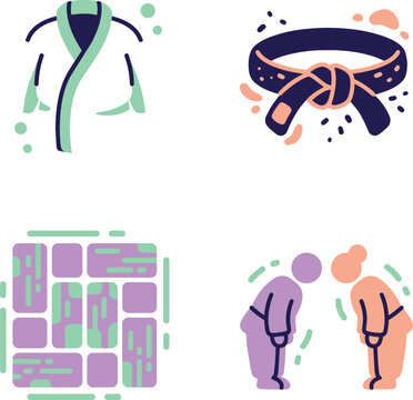 Icons representing various aspects of martial arts, including a uniform, a belt, a mat, and two people bowing in a traditional gesture.
