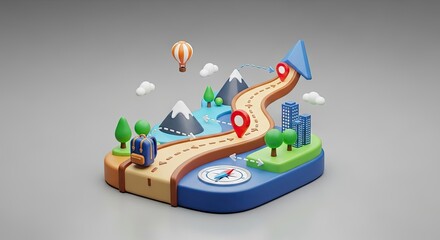 Naklejka premium A colorful cartoon map with a backpack, a hot air balloon, and a paper airplane on a road leading to a city with buildings and clouds in the background.
