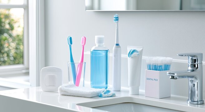 Clean bathroom counter with dental hygiene items including toothbrushes, mouthwash, and floss