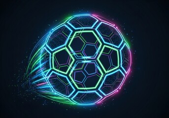 Naklejka premium Vibrant neon glowing soccer ball with futuristic hexagonal pattern on dark background