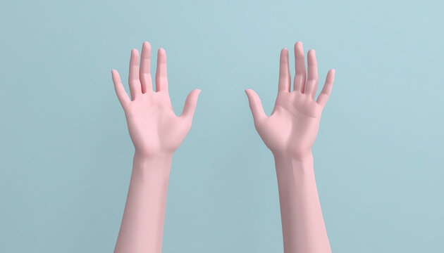 3d render, beautiful hands isolated, female mannequin body parts, minimal fashion background, helping hands, blessing, partnership concept, pink blue pastel colors 