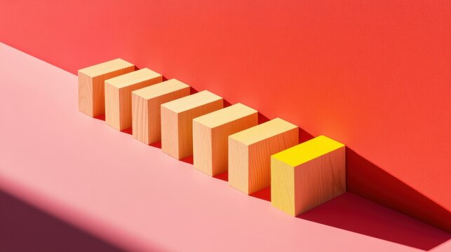 A row of wooden blocks with the last one painted yellow against a red background