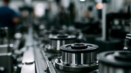 Fototapeta premium A detailed view of a metallic assembly line with moving parts showcasing industrial motion and strong highlights
