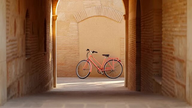 Coral bicycle resting against sunlit adobe wall framed by shadowed arched corridor at midclip