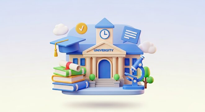 A blue and white school building with a clock, graduation cap, and books in front of it.