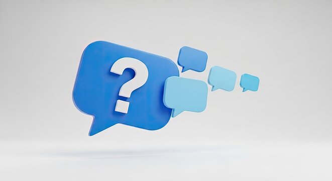 Blue speech bubbles with a question mark in the center, floating against a white background.