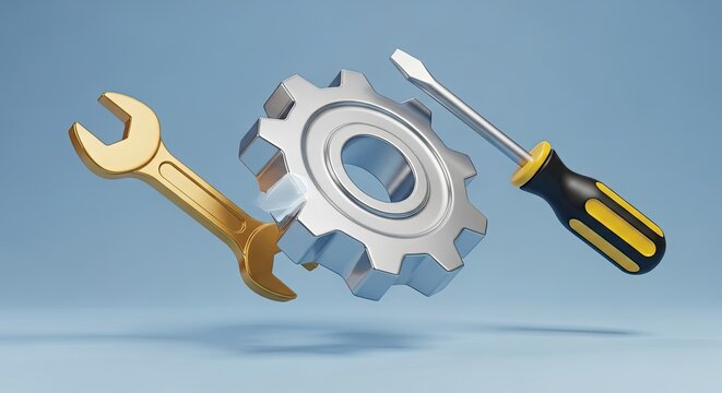 A wrench and a screwdriver with a metallic gear in the background.