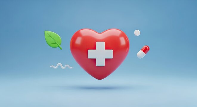 A red heart with a white cross on it, surrounded by a green leaf and a red pill, against a blue background.