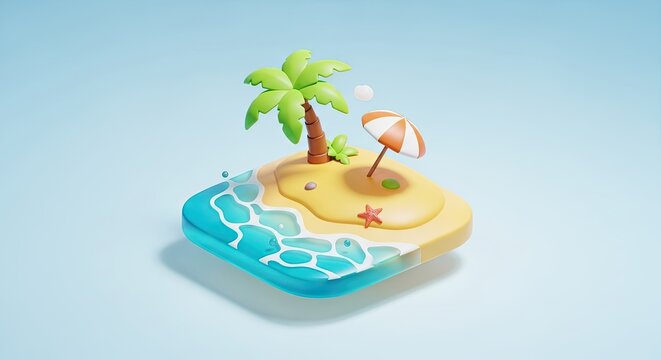 A colorful cartoon island with a palm tree, umbrella, and starfish on a blue background.