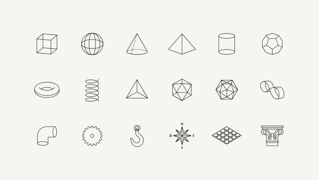 Wireframe construction geometry outline icons &ndash; Excellent for blueprint layouts, 3D modeling software UI, or CAD software documentation.