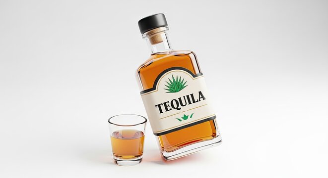 A bottle of tequila with a glass next to it.