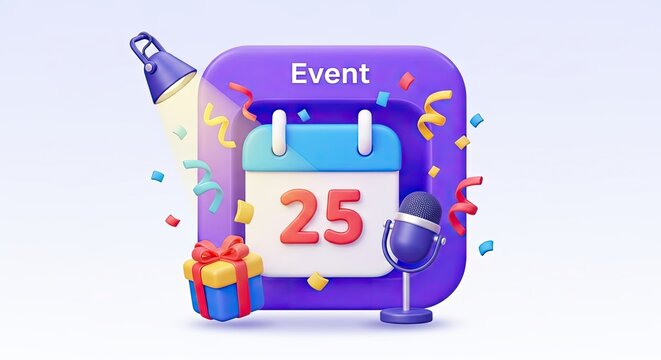 A purple calendar with a blue and white background, featuring a date of 25 and a microphone icon, surrounded by confetti and a gift box.