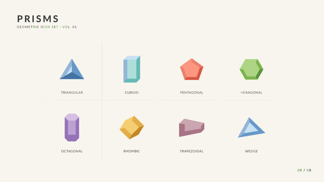 Geometric prism transparent shape collection &ndash; Excellent for physics optics education, scientific glassware branding, or modern crystal art.