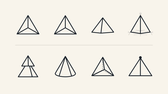 Uniform line weight triangular pyramid icons &ndash; Suitable for elementary math worksheets, technical sketching tutorials, or minimalist charts.