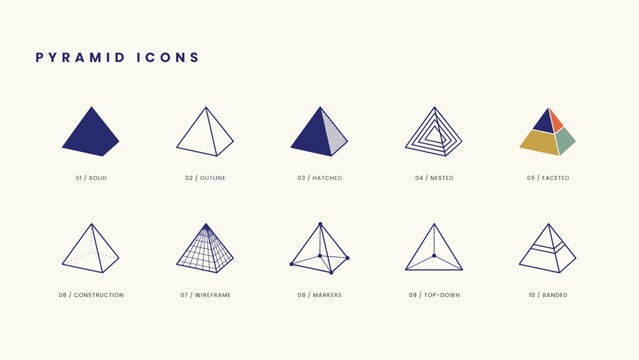 Triangular pyramid geometric form icons &ndash; Ideal for structural engineering concepts, pyramid scheme metaphors, or building block designs.