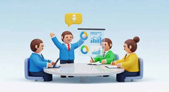 Business meeting with four people in a conference room. The team is discussing a presentation on a large screen.