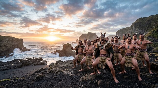A group of fierce Maori warriors performing the traditional Haka dance on a rocky volcanic beach during a majestic golden sunset
