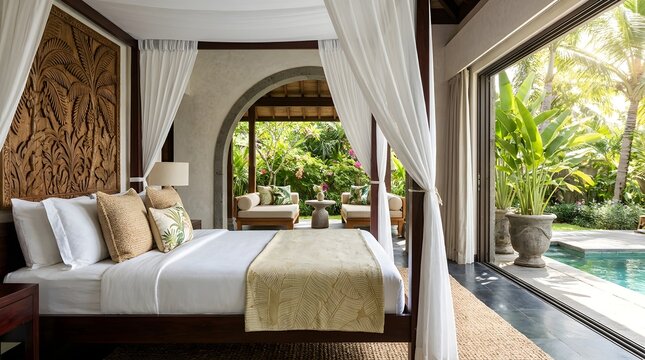 Luxurious tropical villa bedroom with canopy bed opening to an outdoor patio and private pool. Concept for luxury travel, hospitality marketing, and resort interior design.