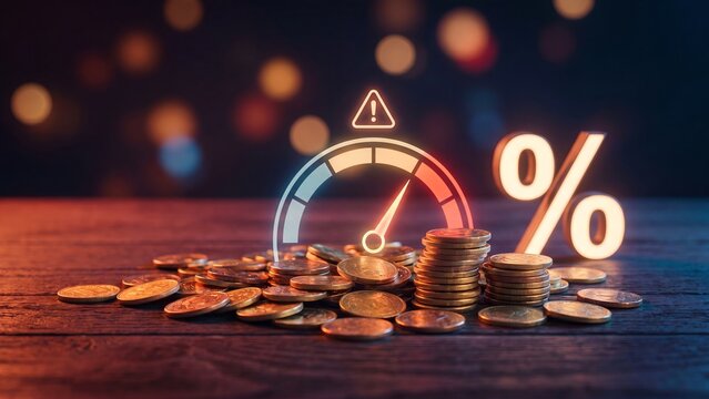 Gold coins with glowing speedometer gauge, warning sign and percentage symbol on wooden table, interest rate, inflation, financial risk and economy increase business concept