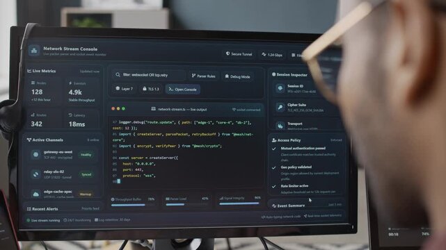 Cropped rack focus shot of unrecognizable male programmer wearing glasses looking at computer screen with code in office. Ideal for cybersecurity, software development and IT infrastructure marketing