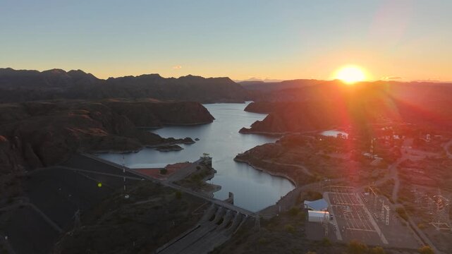 Aerial view of Los Reyunos dam and hydroelectric power plant at sunset, Mendoza, Argentina