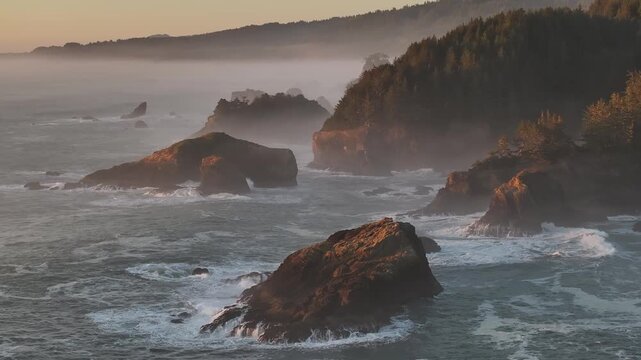Aerial view of seashore of Brookings Natural Bridge in Oregon, USA