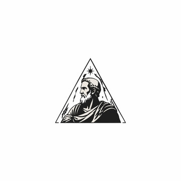 Classic philosopher portrait with celestial elements and triangle frame in monochrome illustration style. Ancient wisdom-inspired logo concept suitable for clothing brands, lifestyle products, and pri