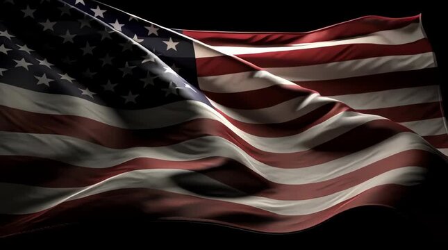 A high-resolution cinematic close-up of the American flag waving majestically against a dark background