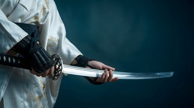 Traditional swordsman drawing a katana blade in a dark setting