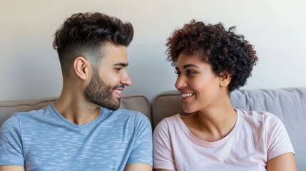 Obraz premium A couple shares a happy connected moment engaged in conversation and smiling while relaxing on a couch in a casual indoor setting