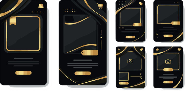 Premium E-Commerce Mobile App Interface Layout Set with Luxury Dark Background and Golden Metallic Wavy Lines for Product Showcases and Digital Sale Banners Vector Illustration