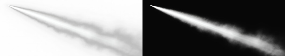 rocket smoke trail side by side on white and black background, diagonal jet contrail steam plume split screen overlay © Maxim