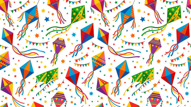 Colorful festa junina seamless pattern with kites and bunting flags