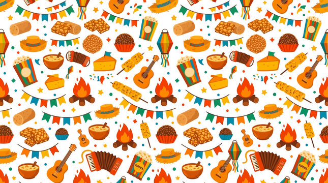 Brazilian june festival seamless pattern with bonfire and snacks