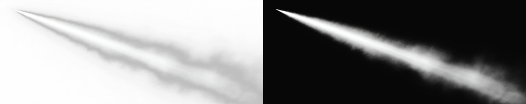 rocket smoke trail side by side on white and black background, diagonal jet contrail steam plume split screen overlay