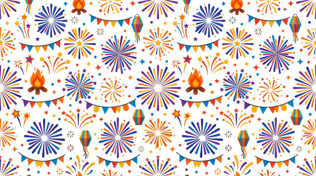 Colorful festa junina pattern featuring bonfires fireworks and flags