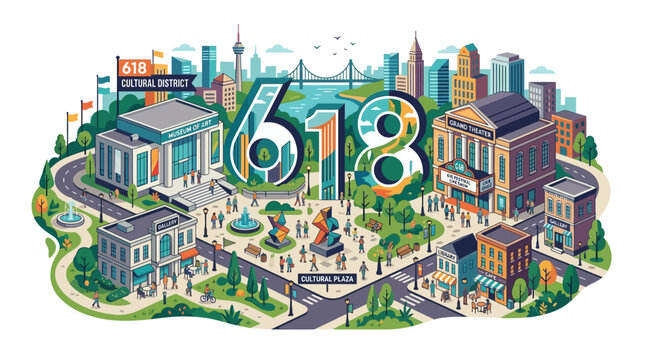Vibrant Cityscape Illustration: Central District with Number 618 and People