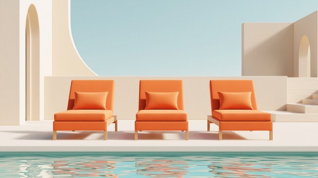 Serene luxury poolside scene with three bright orange lounge chairs