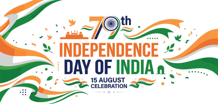PrintIndependence Day of India 79th Celebration Web Banner Featuring Typography Design Layout and Waving Saffron White Green National Tricolor Ribbons Vector Illustration
