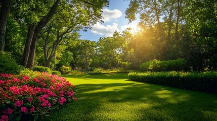 Fototapeta premium Lush garden landscape with sunlight and vibrant rhododendron blooms