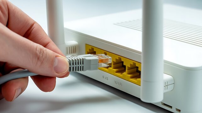 Hand connecting Ethernet cable to white WiFi router, close-up