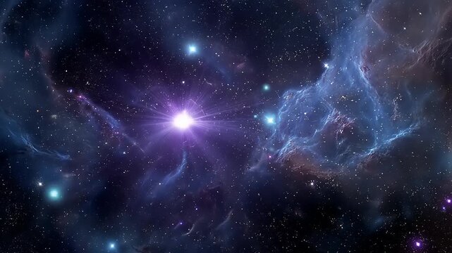 Bright stellar object illuminating cosmic nebula and distant stars