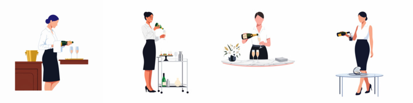 Flat vector illustration of professional female waitresses and hostesses serving champagne and appetizers in an elegant, luxury event setting.