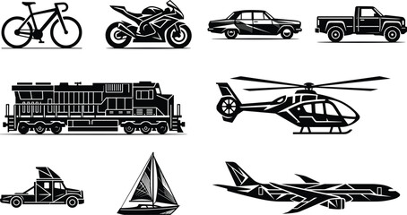 Transportation silhouette vector set with bicycle motorcycle car truck train helicopter sailboat airplane, black art design, travel concept, vehicle illustration, motion graphic © MdAriful