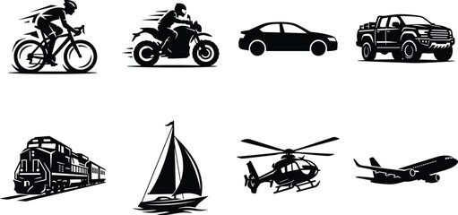 Transportation silhouette vector set with bicycle motorcycle car truck train sailboat helicopter airplane, black art design, travel concept, vehicle illustration, motion graphic © MdAriful