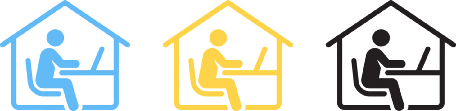 Three houses with people working on computers in different