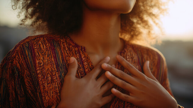 Hands resting on chest expressing gratitude self acceptance and emotional wellbeing. Mindfulness concept for wellness branding personal growth holistic health and self care visuals
